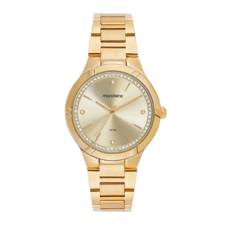 Relógio Feminino Dourado Marcações com Pedras