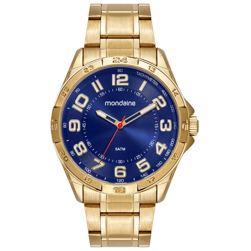 Relógio Masculino Analógico Azul Dourado Numeração Completa