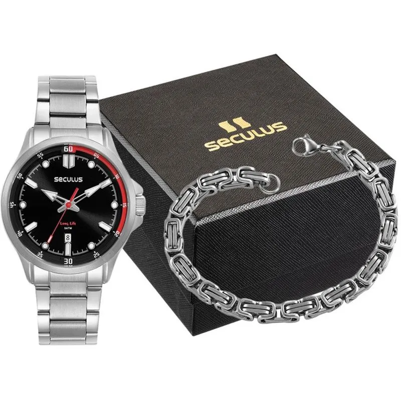 Kit Relógio Masculino Seculus Prata 77359G0SKNA1K1