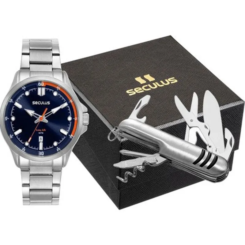 Kit Relógio Masculino Seculus Prata 77359G0SKNA2K1