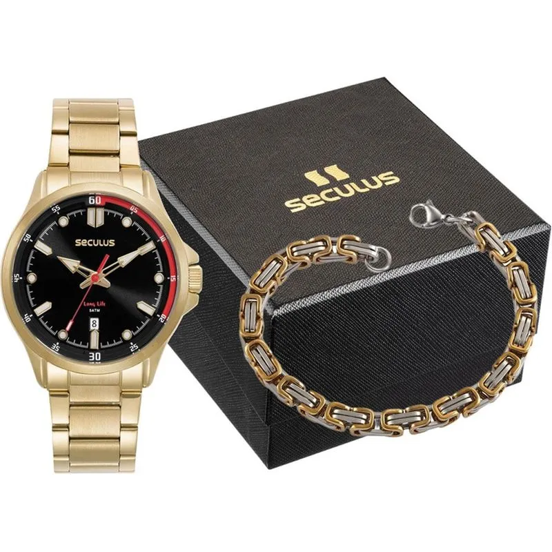Kit Relógio Masculino Seculus Dourado 77359GPSKDA3K1