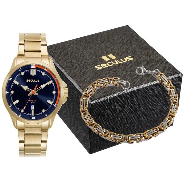 Kit Relógio Masculino Dourado Aço Index Visual Forte
