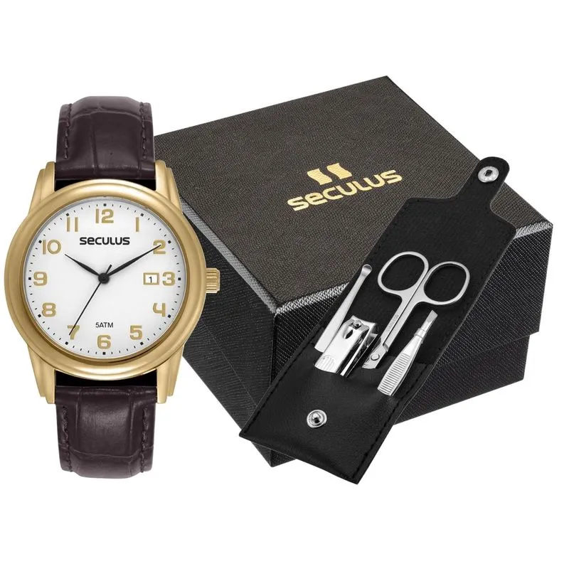 Kit Relógio Masculino Marrom Aço Index Numeral