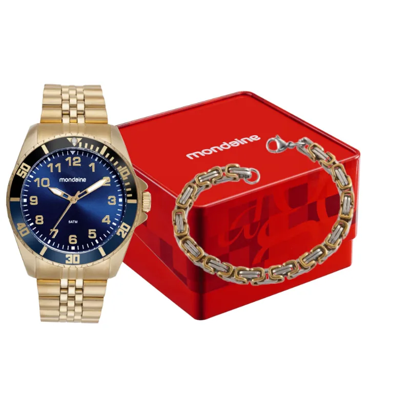 Kit Relógio Masculino Dourado Mostrador Azul