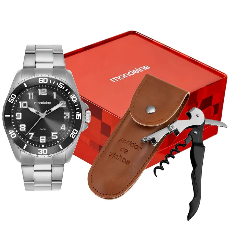 Kit Relógio Masculino Prata Aço Fundo Preto