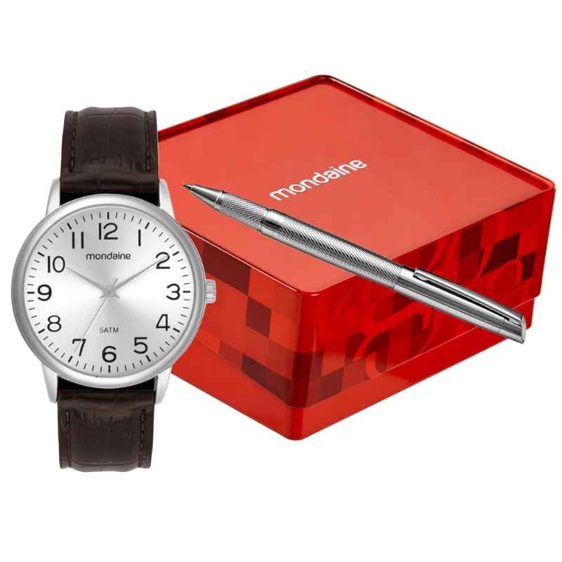 Kit Relógio Masculino Prata Mostrador Prata Pulseira Marrom