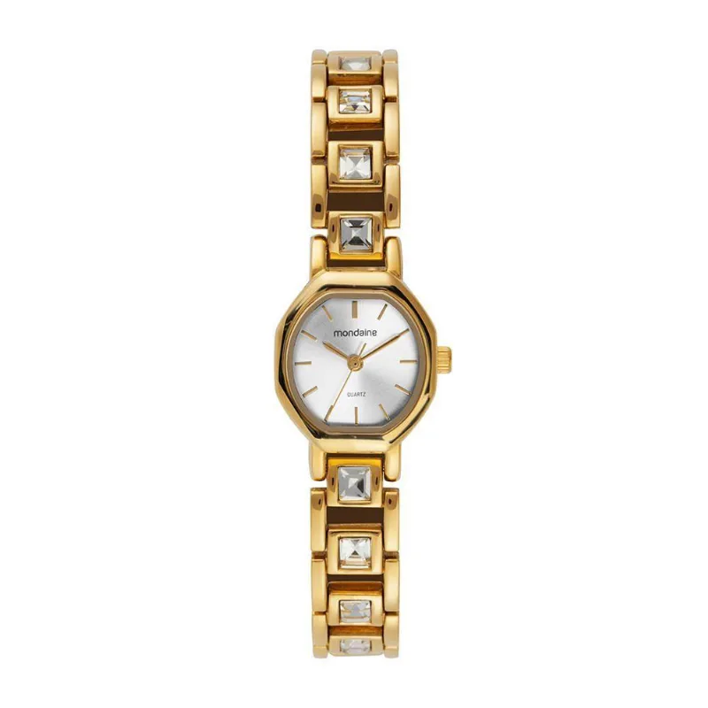 Relógio Feminino Facetado Cristais Analógico com Pulseira em Metal Dourado Mondaine