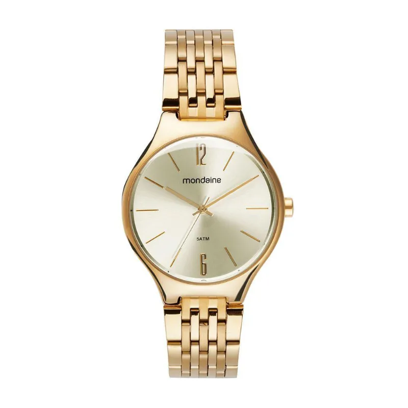 Relógio Feminino Semi Slim Abaulado Analógico em Aço Inox Dourado Mondaine 36MM
