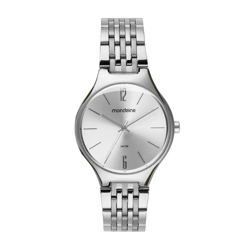 Relógio Feminino Semi Slim Abaulado Analógico Aço Inox Prata Mondaine 36MM