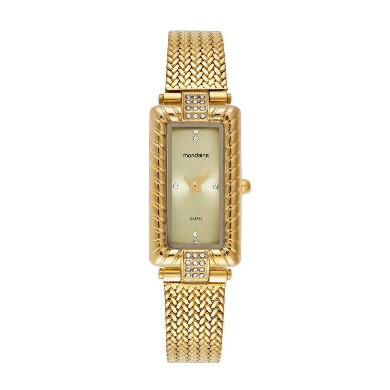Relógio Feminino Aço Retangular com Textura Dourado