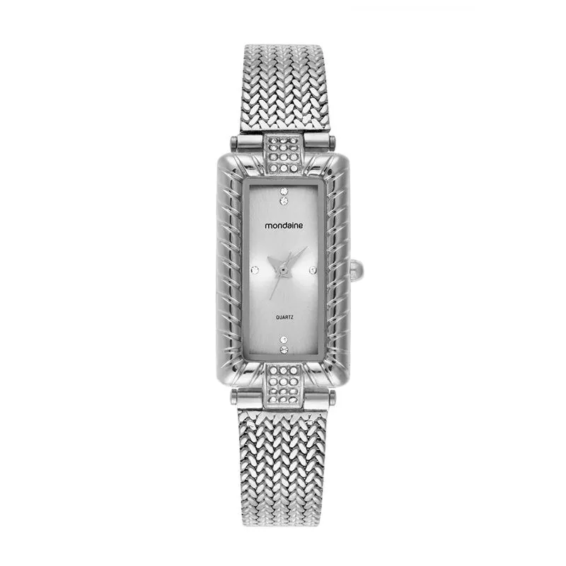 Relógio Feminino Aço Retangular com Textura Prata