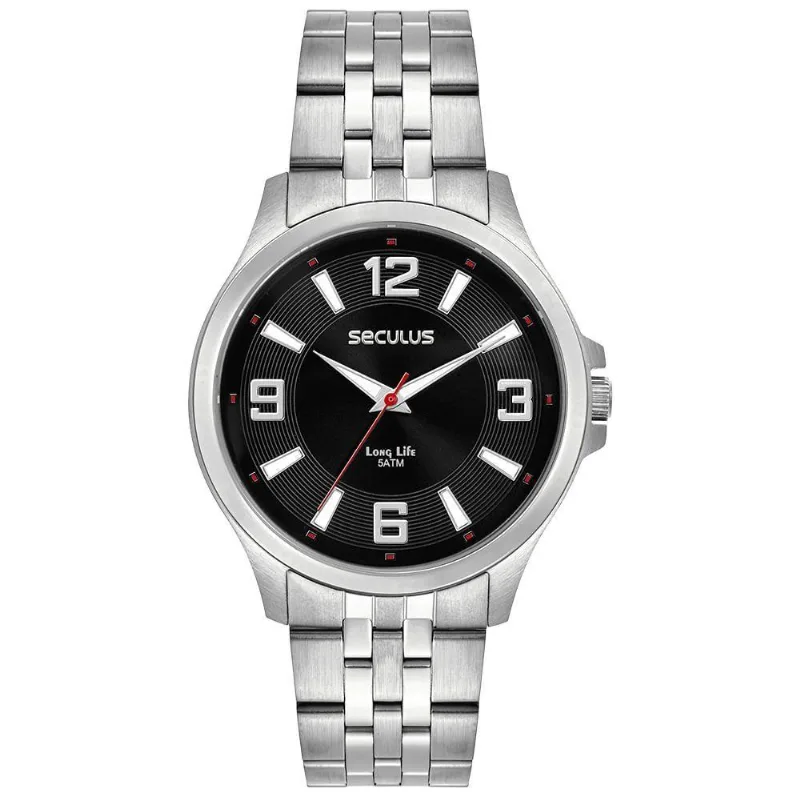 Relógio Masculino Analógico Esportivo Aço Inox com Mostrador Preto Séculus