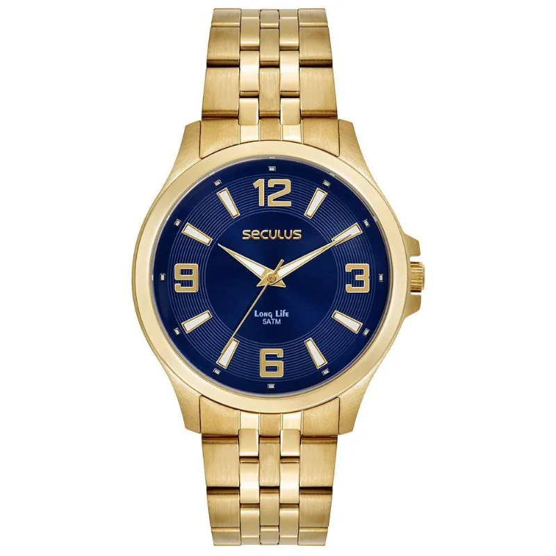 Relógio Masculino Aço Dourado Mostrador Azul Analógico Aço Inox 5 ATM Séculus