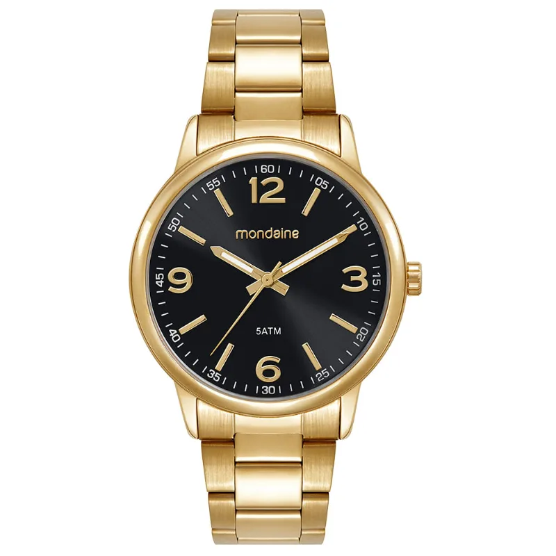 Relógio Masculino Aço Dourado Mostrador Preto