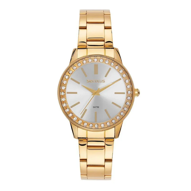 Relógio Feminino com Aro de Pedras Dourado Analógico em Aço Inox com Fecho Dobrável Séculus