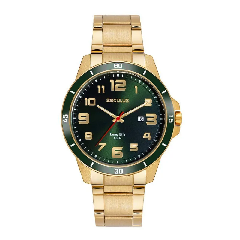 Relógio Masculino com Calendário Dourado Analógico em Aço Inox Fecho Dobrável Séculus 46MM