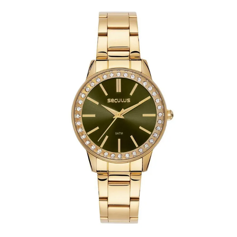 Relógio Feminino com Aro em Pedras Dourado Analógico em Aço Inox com Efeito Sunray Séculus 38MM