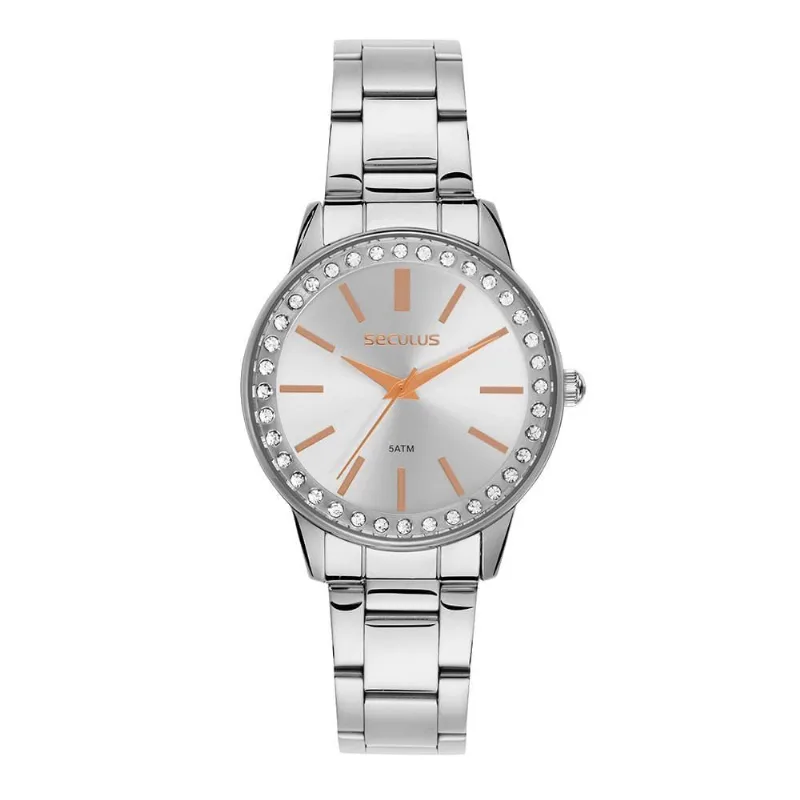 Relógio Feminino com Aro em Pedras Prata Analógico em Aço Inox com Cristal Mineral Séculus 38MM