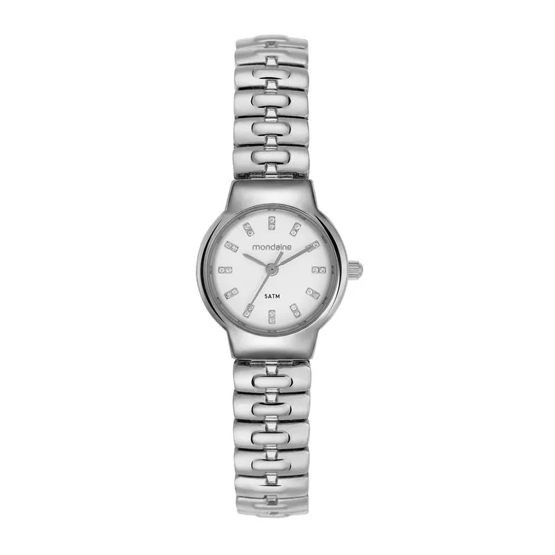 Relógio Feminino Redondo Cristais Pulseira Prata