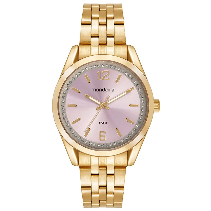 Relógio Feminino Rosa Cristais e Numeração Completa