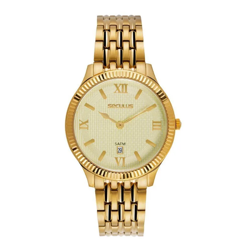 Relógio Masculino Slim Clássico em Aço Inox Dourado Séculus 42MM