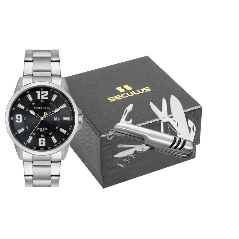 Kit Relógio Masculino Prata Aço Mostrador Index Numeral