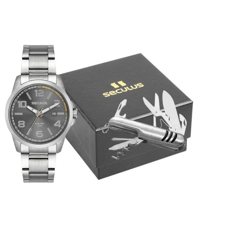 Kit Relógio Masculino Prata Index Numeral Completo