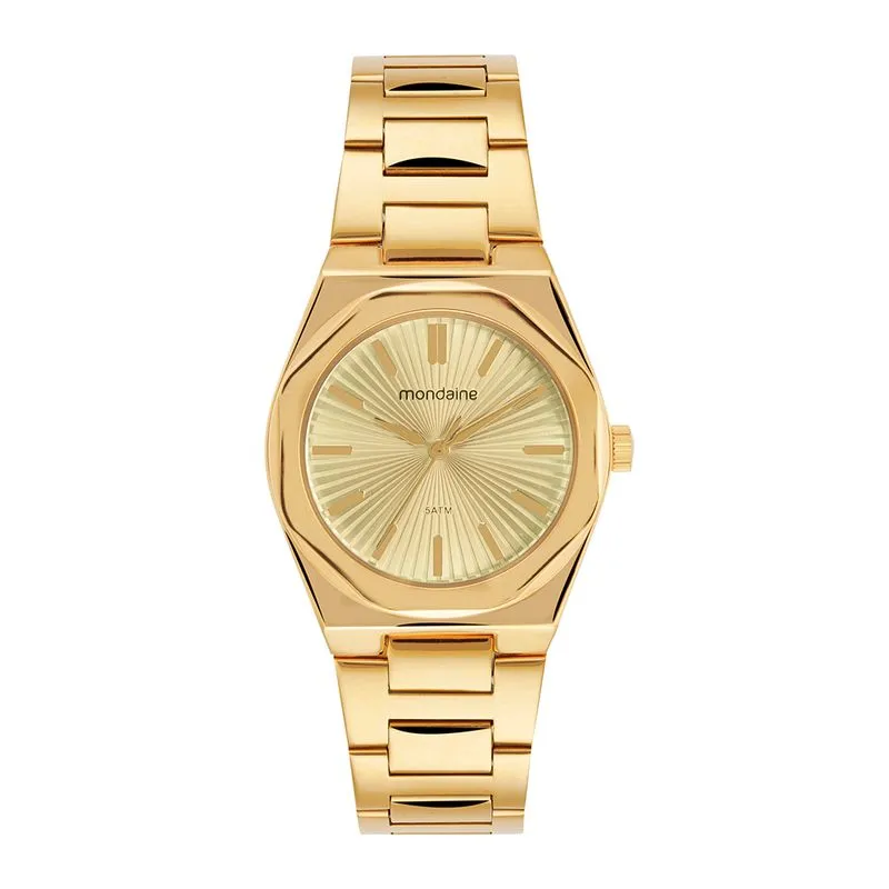 Relógio Feminino Aço Bezel Facetado Dourado
