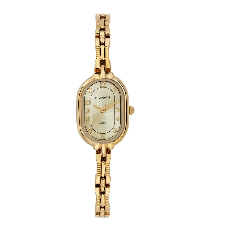Relógio Feminino Oval Pulseira Textura Dourado