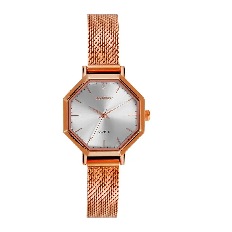 Relógio Feminino Octogonal Malha De Aço Rose Gold