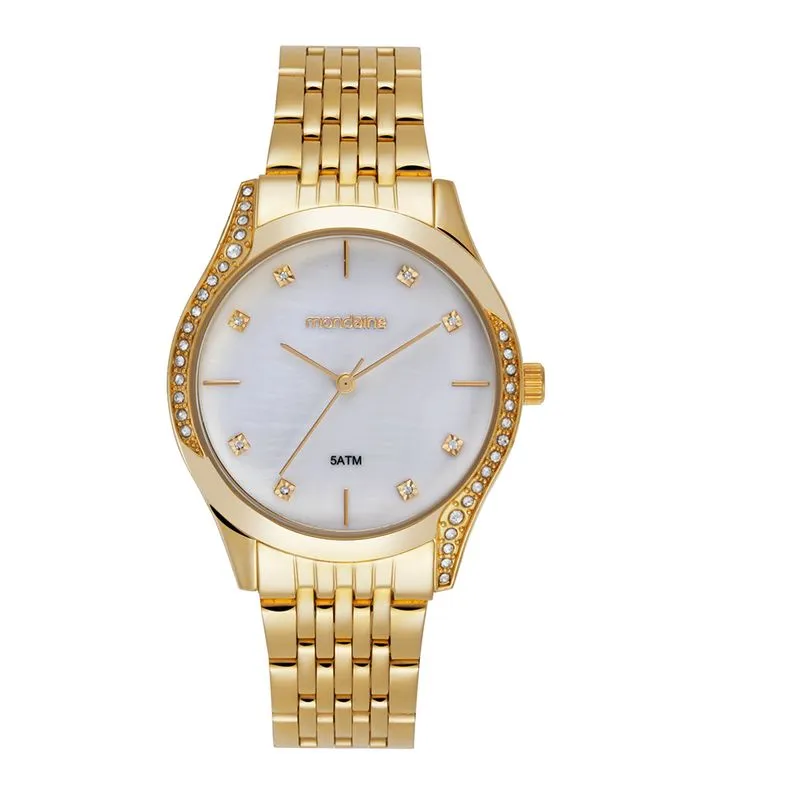 Relógio Feminino Madrepérola Cristais Dourado