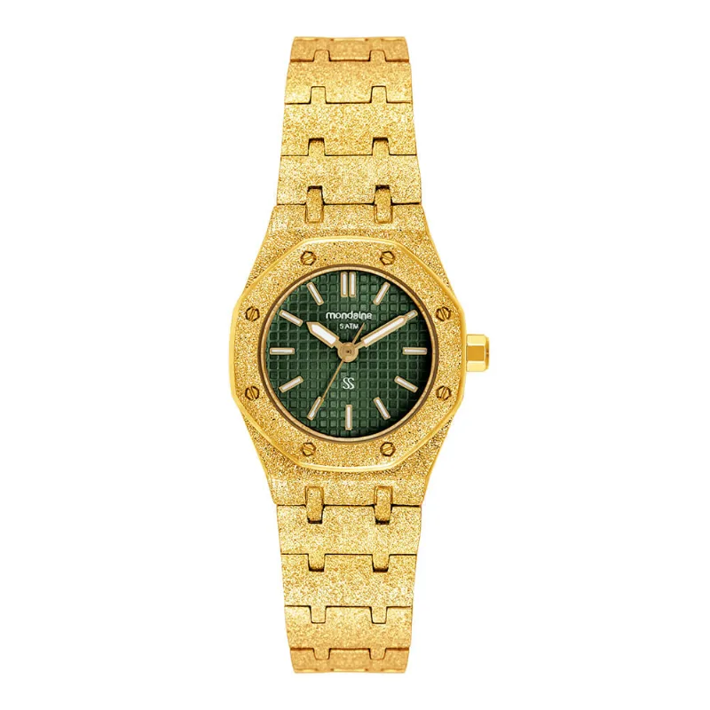 Relógio Feminino Analógico Textura bezel octogonal Verde