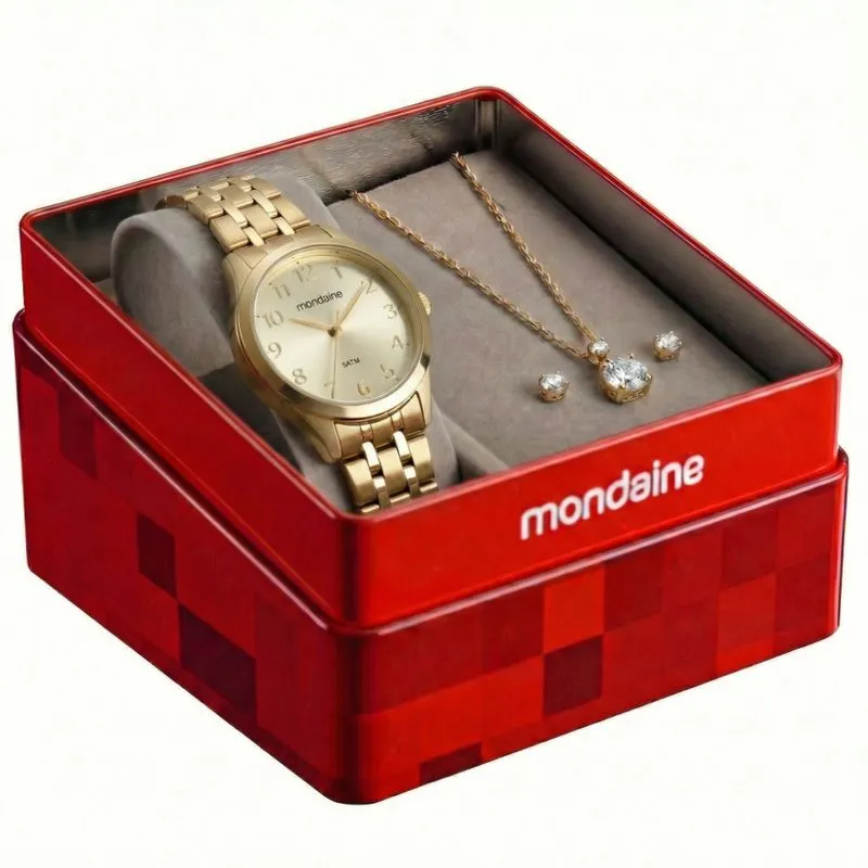 Kit Relógio Feminino Dourado Numeração Completa com Colar e Brinco Ponto de Luz