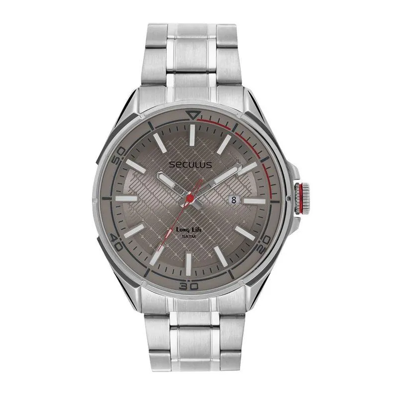 Relógio Masculino Long Life Analógico com Calendário Aço Inox Prata Cinza Séculus