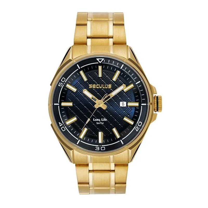 Relógio Masculino Aro 3d Analógico Aço Inox Azul Dourado Séculus