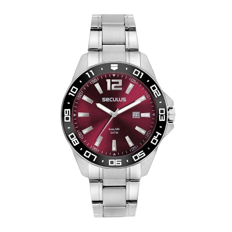 Relógio Masculino Numeração Completa e Calendário Analógico em Aço Inox Prata Séculus 45MM