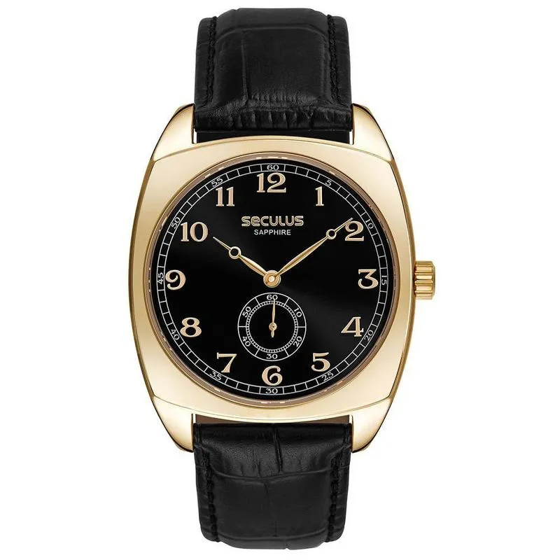 Relógio Masculino Pillow Analógico Couro Small Seconds Preto Dourado 40MM