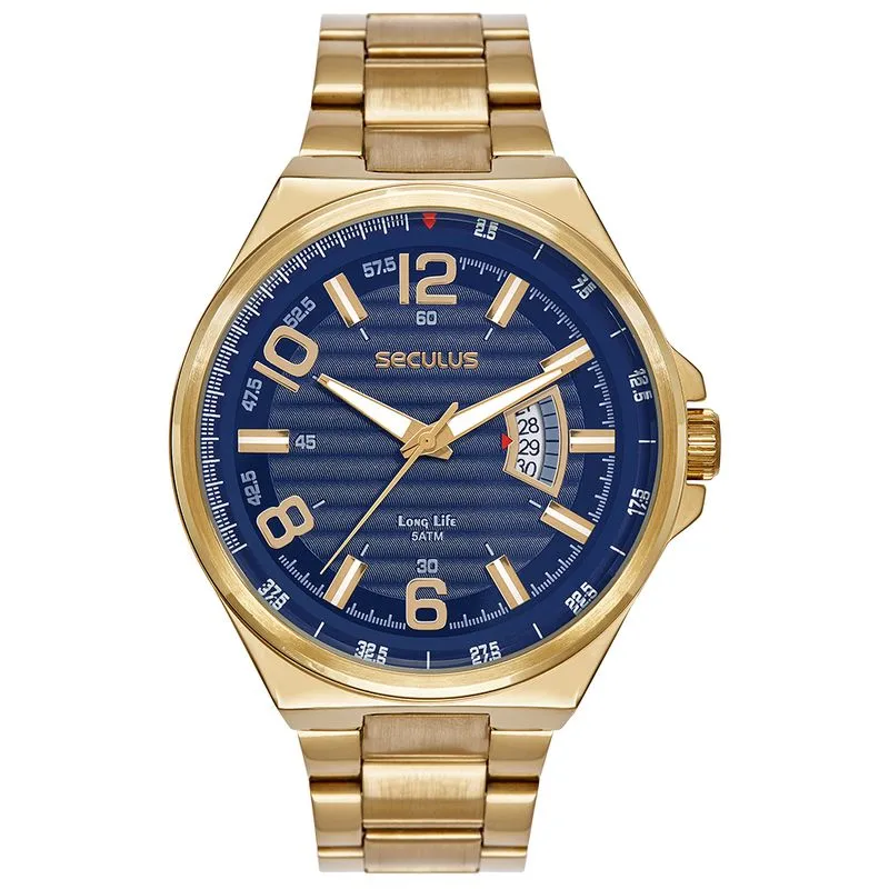 Relógio Masculino Aro Rampado Azul Dourado