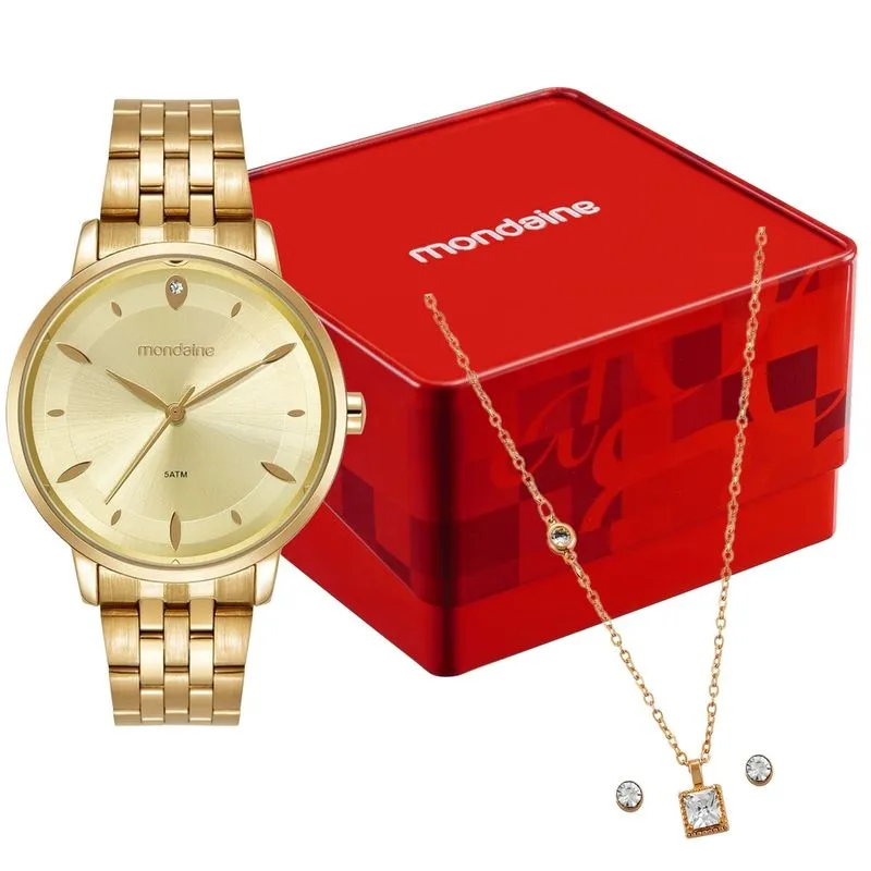 Kit Relógio Feminino Analógico Dourado com Colar e Brincos