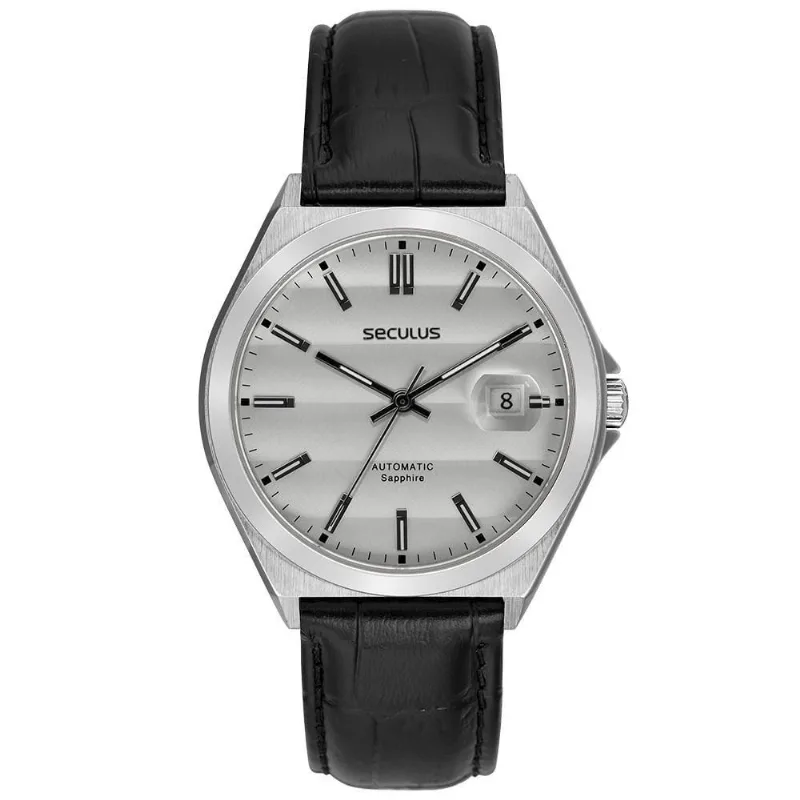 Relógio Masculino 77313g Clássico Em Couro Automático Prata Com Mostrador Cinza Séculus