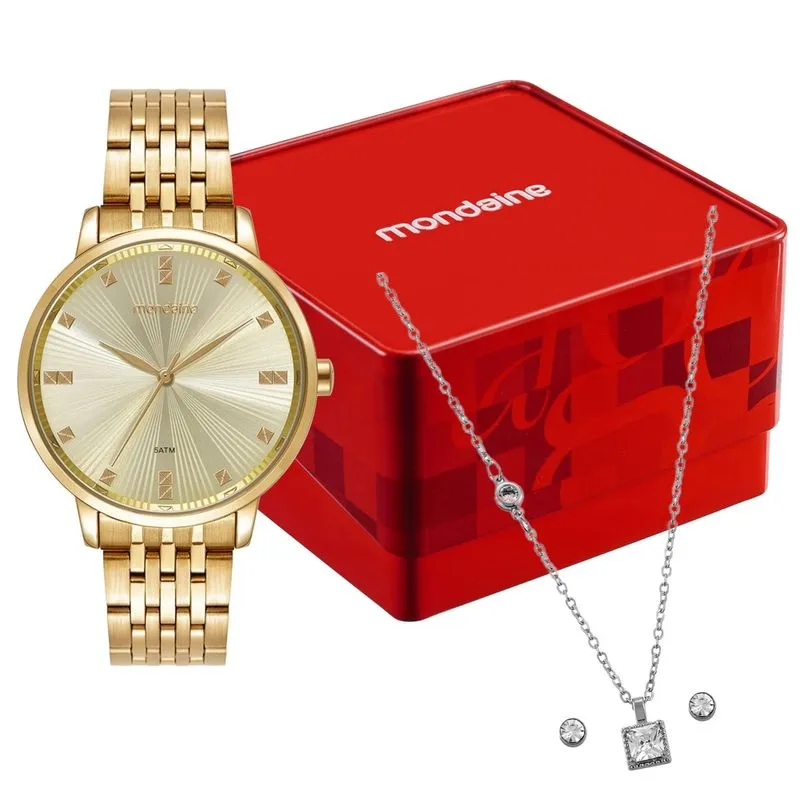 Kit Relógio Feminino Champagne com Colar e Brincos