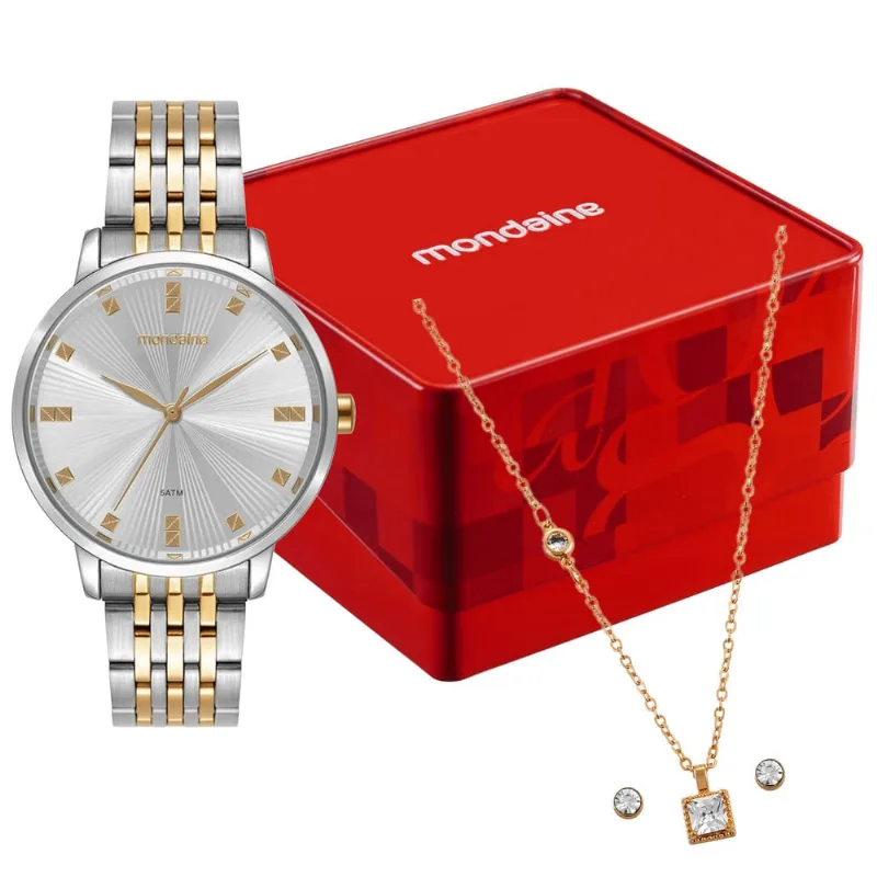 Kit Relógio Feminino Bicolor com Colar e Brincos