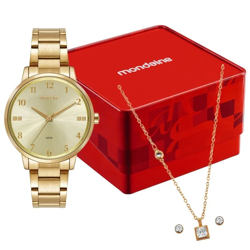 Kit Relógio Feminino Mostrador Dourado com Colar e Brincos