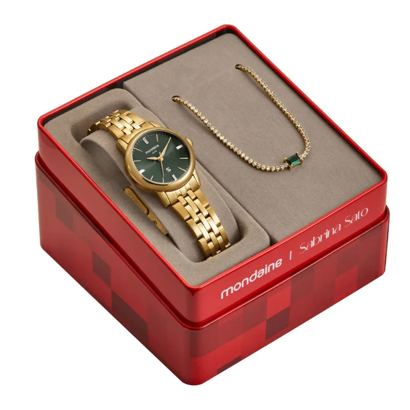 Kit Relógio Feminino Analógico Verde e Dourado com Cristais