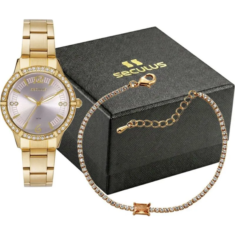 Kit Relógio Feminino Seculus Dourado 44340LPSKDS1K1