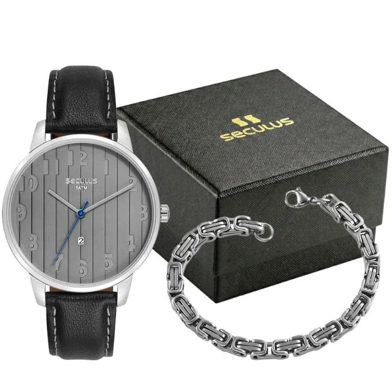 Relógio Masculino Kit Prata Couro e Aço Analógico Cinza 40MM 5 ATM Séculus