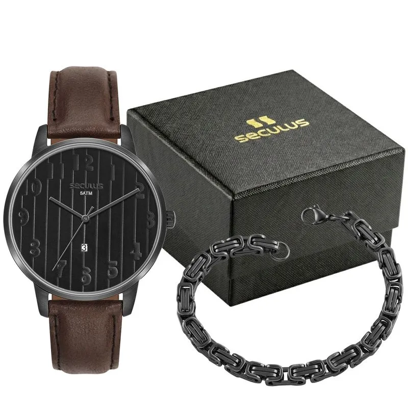 Kit Relógio Masculino Preto com Couro e Pulseira em Aço