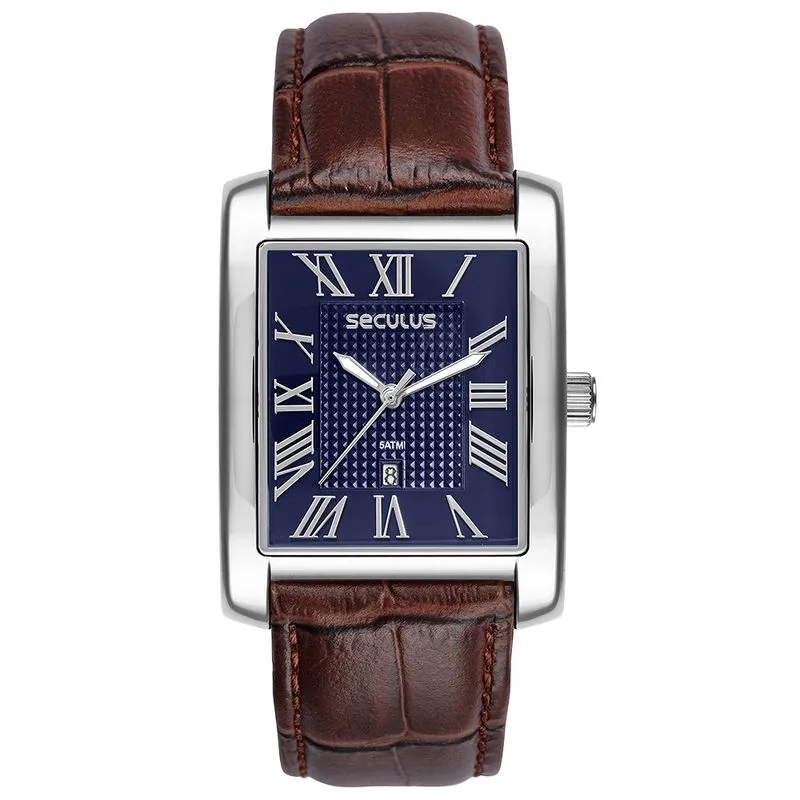 Relógio Masculino Retangular Esmaltado Couro Azul