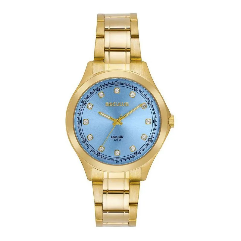 Relógio Feminino Long Life Analógico em Aço Dourado com Mostrador Azul Séculus