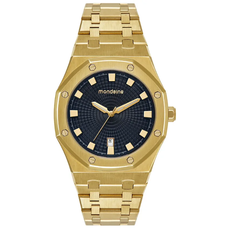 Relógio Masculino Vértice Bisel Octogonal Dourado Calendário